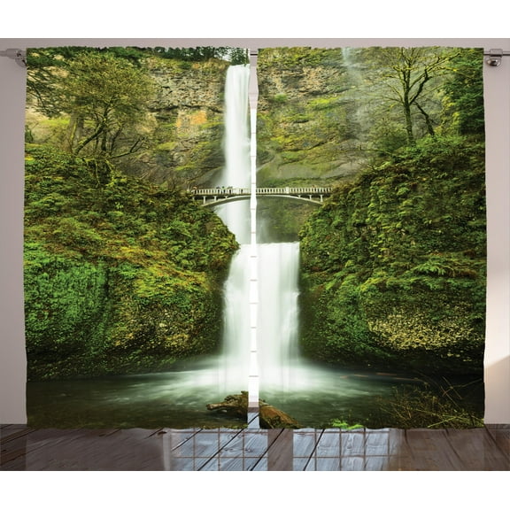 Ambesonne Hobbits Curtains 2 Panel Set, Waterfall Oregon Bridge, 108" x 84", Green