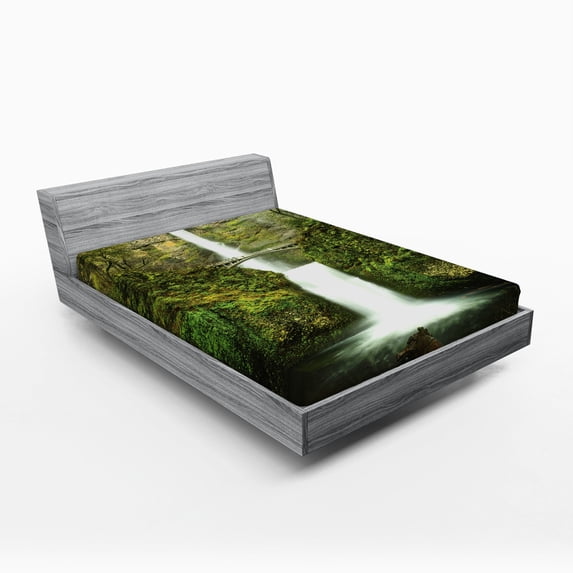 Ambesonne Hobbits Fitted Sheet, Waterfall Oregon Bridge, Queen Size, Green