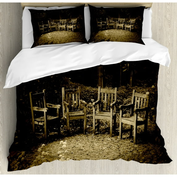 Hobbits King Size Duvet Cover Set, Four Small Wooden Rustic Chairs in Backyard Hobbit Land New Zealand Sepia Image, Decorative 3 Piece Bedding Set with 2 Pillow Shams, Brown, by Ambesonne
