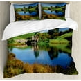 thumbnail image 1 of Hobbits Queen Size Duvet Cover Set, Hobbit Land Village House by Lake with Stone Bridge Farmhouse Cottage New Zealand, Decorative 3 Piece Bedding Set with 2 Pillow Shams, Green Blue, by Ambesonne, 1 of 3