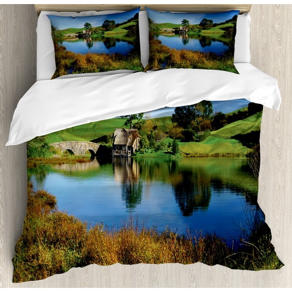Hobbits Queen Size Duvet Cover Set, Hobbit Land Village House by Lake with Stone Bridge Farmhouse Cottage New Zealand, Decorative 3 Piece Bedding Set with 2 Pillow Shams, Green Blue, by Ambesonne