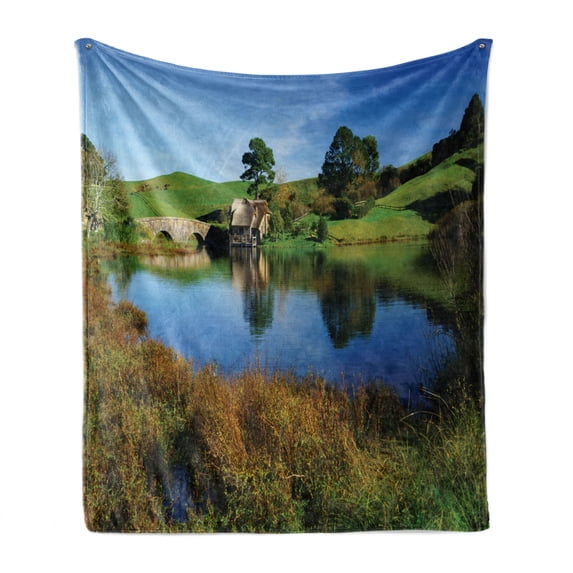 Hobbits Soft Flannel Fleece Blanket, Hobbit Land Village House by Lake with Stone Bridge Farmhouse Cottage New Zealand, Cozy Plush for Indoor and Outdoor Use, 50" x 70", Green Blue, by Ambesonne