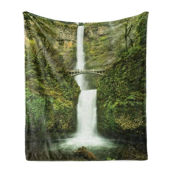 Hobbits Soft Flannel Fleece Throw Blanket, Falls of Rivendell Multnomah Waterfall Oregon Hobbit Elf Path Bridge Scene Image, Cozy Plush for Indoor and Outdoor Use, 50" x 60", Green, by Ambesonne