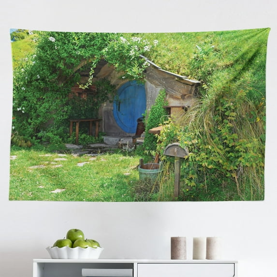 Hobbits Tapestry, Rustic Wooden Sign in Hobbit Land East West Movie Set New Zealand The Shire, Fabric Wall Hanging Decor for Bedroom Living Room Dorm, 2 Sizes, Green Brown, by Ambesonne