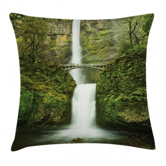 Hobbits Throw Pillow Cushion Cover, Falls of Rivendell Multnomah Waterfall Oregon with Hobbit Elf Path Bridge Scene Image, Decorative Square Accent Pillow Case, 24 X 24 Inches, Green, by Ambesonne