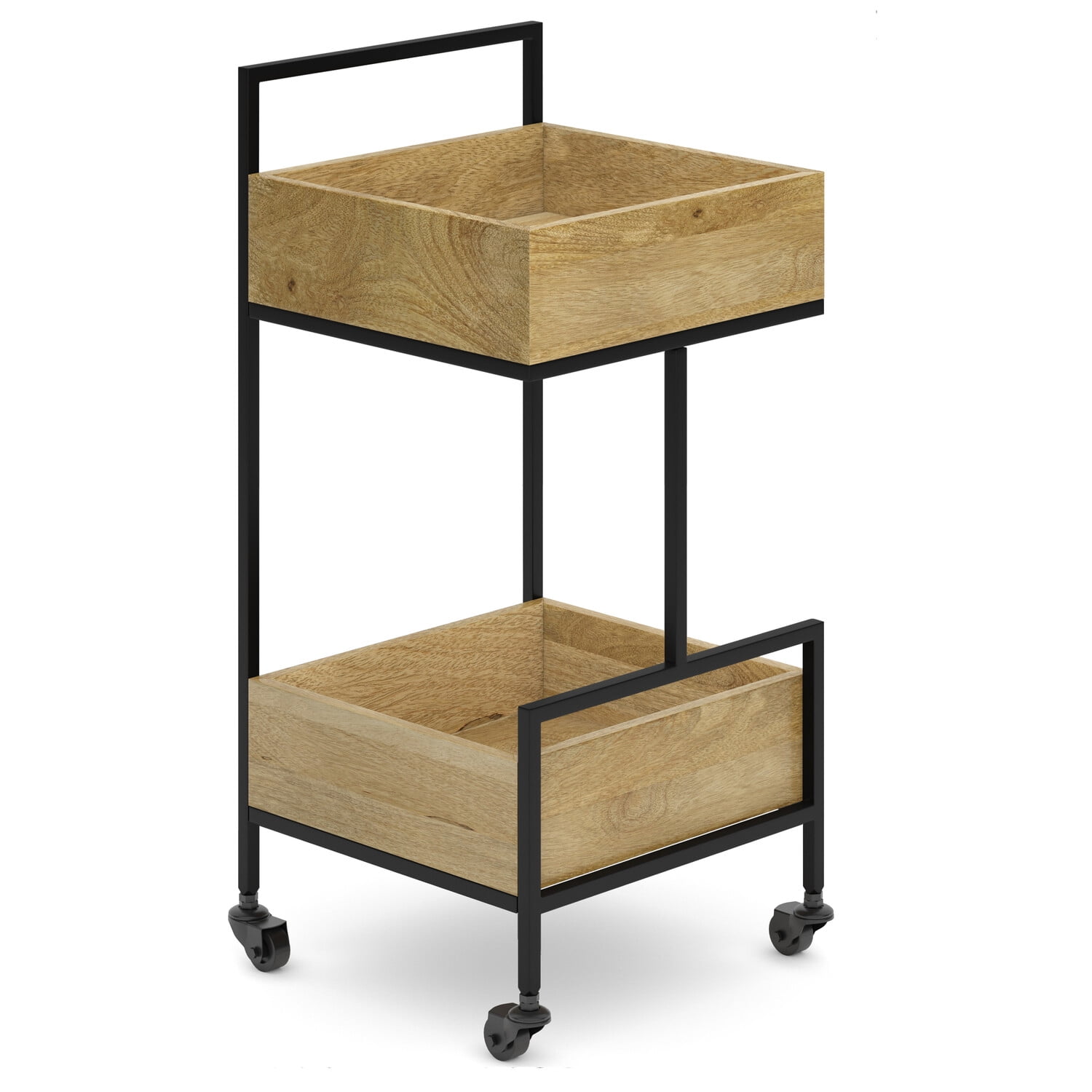 Natural Mango Wood and Black Metal Industrial Bar Cart with Storage