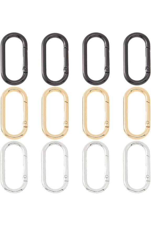 Hobbspring 12Pcs 3 Colors Oval Carabiner Snap Clip Alloy Rings Snap Clips Metal Snap Open Hooks Clips Spring Key Ring for Bag Keychain Pet Collar Lanyard Outdoor Camping Hiking