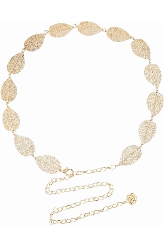 Hobbspring 1pc Leaf Flower Alloy Chain Belts Women's Waist Belts for Shirt Skirt Dress Overcoat Golden 1260x26.5mm