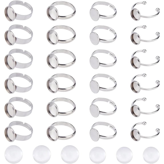 Hobbspring DIY Blank Dome 304 Stainless Steel Cuff Rings Making Kits Stainless Steel Color Tray: 8~10mm Inner Diameter: 17~17.5mm