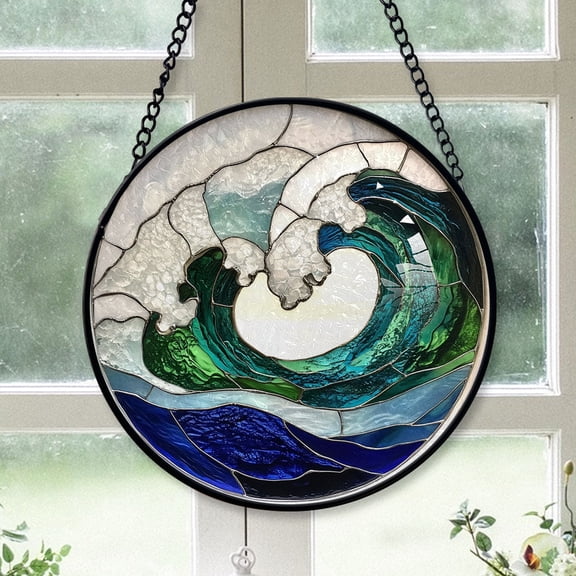 Hobby Christmas Gift - Blue White Waves Xmas Stained Glass Hanging Ornament - Midnight Blue Winter Holiday Tree Decoration, Gift for Family, Mom & Dad, Friends