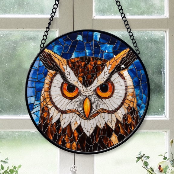 Hobby Christmas Gift - Owl Leaves Bird Xmas Stained Glass Hanging Ornament - Midnight Blue Winter Holiday Tree Decoration, Gift for Family, Mom & Dad, Friends
