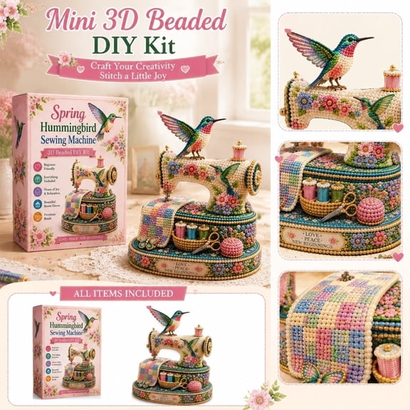 Hobby Craft Bead Kit, Diamond Art for Adults, Keepsake, Craft Room Decor, 4X2X6 Inch Hummingbird Sewing Machine Themed Diy Set, with Vibrant Floral Motif, All Required Beading