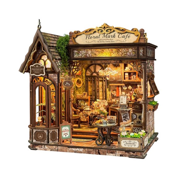 Hobby Display Coffee House Model, Wooden 3D Puzzle Build, Miniature Cafe Scene Assembly, Table Decor Accent, Screenless