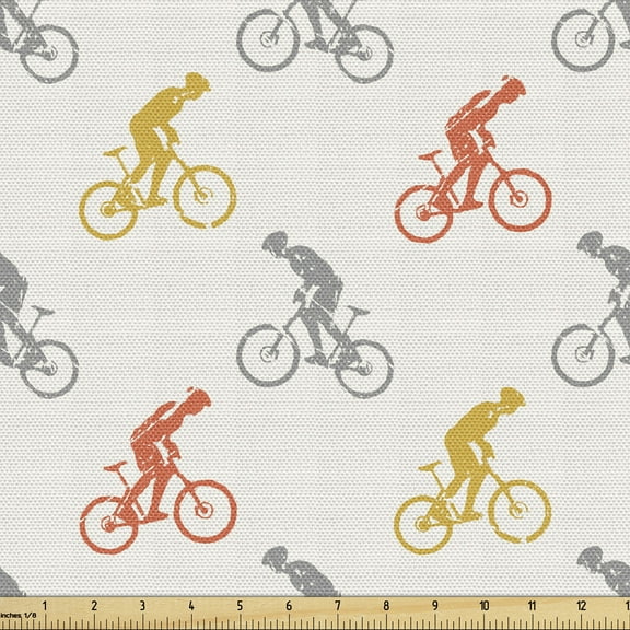 Ambesonne Hobby Fabric by the Yard Upholstery, Orange Grey and Yellow Bikes, 3 Yards, Eggshell and Multicolor