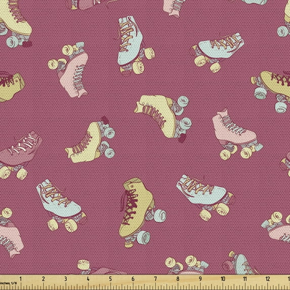 Hobby Fabric by the Yard Upholstery, Retro Style Roller Skates Old Time Outdoor Classics Fun Activities, Decorative Fabric for DIY and Home Accents, 5 Yards, Dried Rose Multicolor by Ambesonne