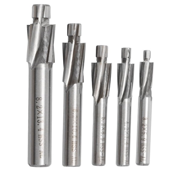 Hobby Metalworking and Small Shops 5 Pc HSS Counterbore End Mill Set M3  M5 M6 M8 With Integrated Pilots, Plastic Case