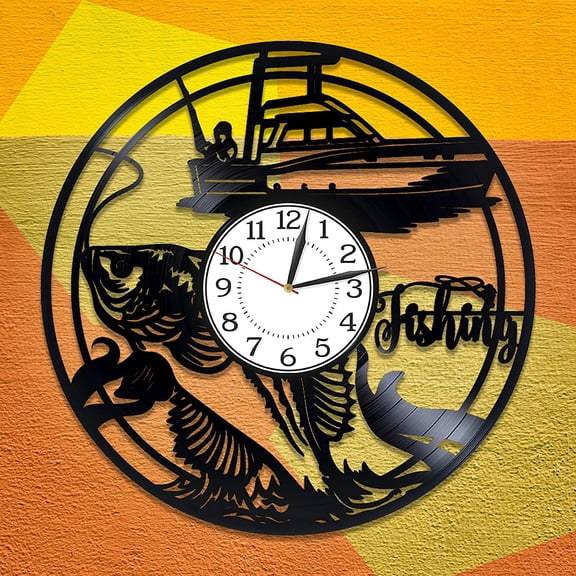 Hobby Original Home Decor Fishing Vinyl Record Wall Clock Activity Handmade Products Fishing Vinyl Clock for Boyfriend Fishing Birthday Gift Idea for Him