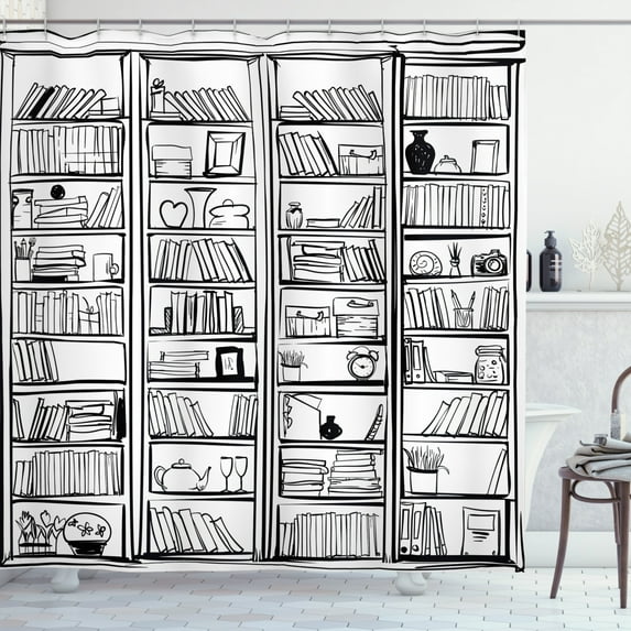Hobby Shower Curtain, Library Bookshelf with Many Books and House Accessories Drawn by Hand, Fabric Bathroom Set with Hooks, 69W X 75L Inches Long, Charcoal Grey and White, by Ambesonne