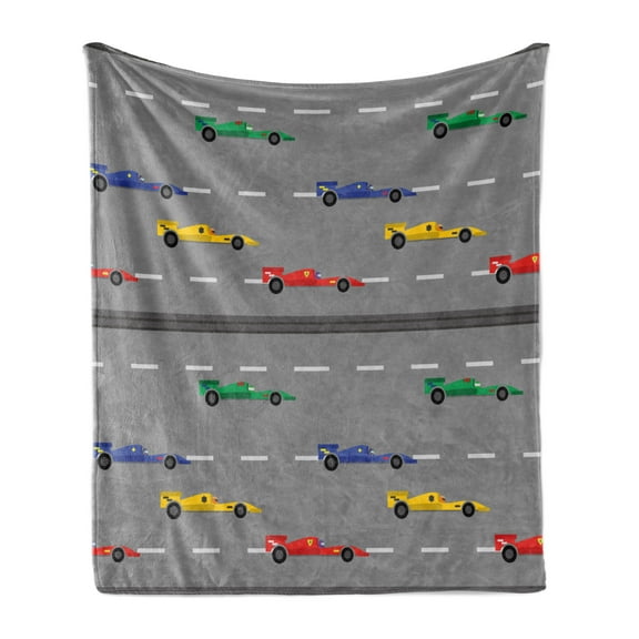 Hobby Soft Flannel Fleece Blanket, Horizontally Arranged Rally Colorful Racing Cars Adventurous Activities, Cozy Plush for Indoor and Outdoor Use, 50" x 70", Dimgray and Multicolor, by Ambesonne