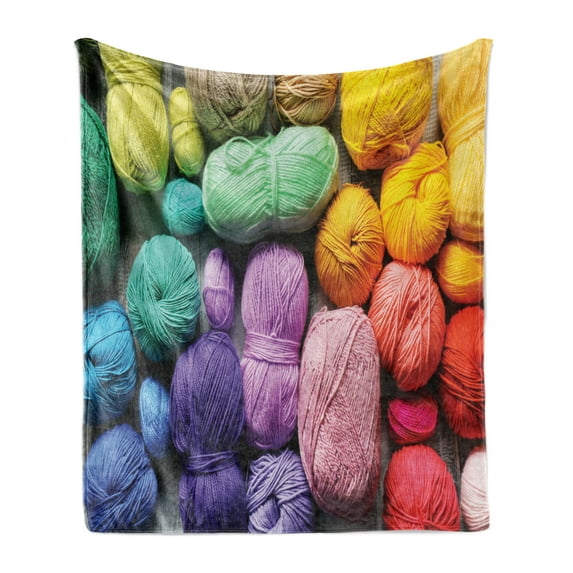 Hobby Soft Flannel Fleece Throw Blanket, Top View of a Group of Colorful Knitting Yarn, Cozy Plush for Indoor and Outdoor Use, 60" x 80", Earth Yellow Blue Violet, by Ambesonne