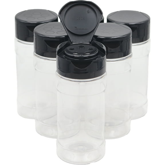Hobbyland 4 oz Clear PET Plastic Spice Sugar Jar, CAPS 43mm 43-485 Black FlapMate®, 5 Holes, Pressure Sensitive Liner