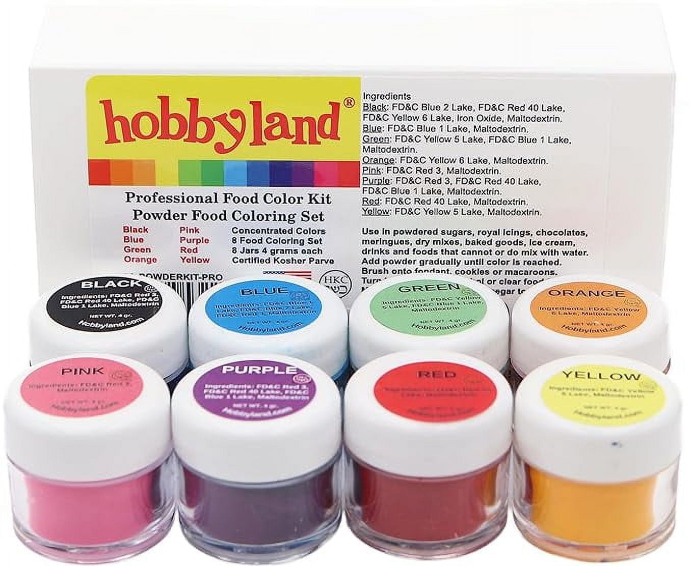 Hobbyland Powder Food Color Kit, Specialty Powder Food Coloring Set, 8 Colors, 4 Gram Jars