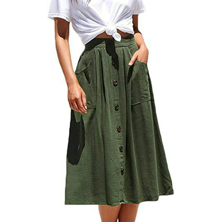 Hobeauty Pockets Midi Skirt High Waist A line Women s Solid Color Large Hem Casual Office Lady Leisure with Buttons Decor Mid calf Length Perfect for