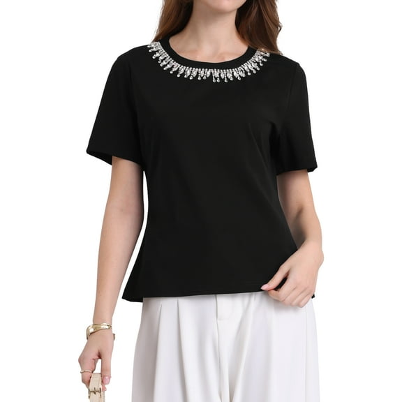 INSPIRE CHIC Elegant Women's Sparkly Blouse with Rhinestone Tops for Cocktails and Parties S Black