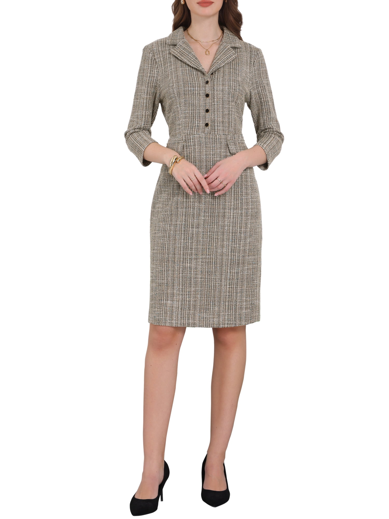 womens tweed dress Berylove Women Tweed Pink Work Dress A-Line Long Sleeve Midi Business Casual Dress, Pink / L main image 1