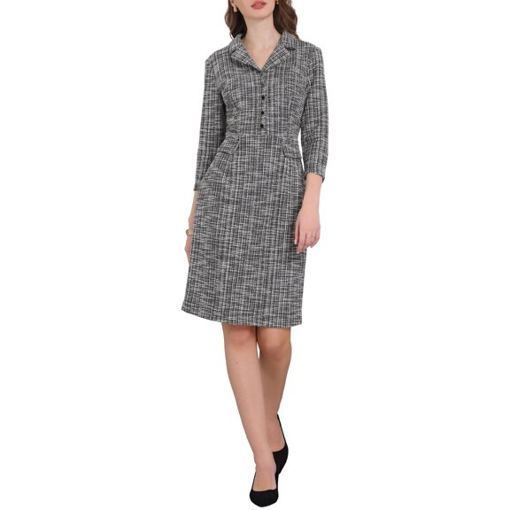 INSPIRE CHIC Women's 3/4 Sleeve Lapel Collar Button Down Sheath Tweed Dress L 1