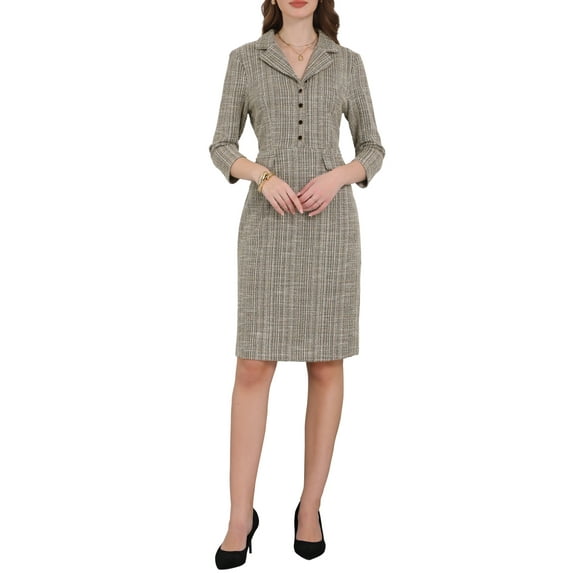 INSPIRE CHIC Women's 3/4 Sleeve Lapel Collar Button Down Sheath Tweed Dress L 2