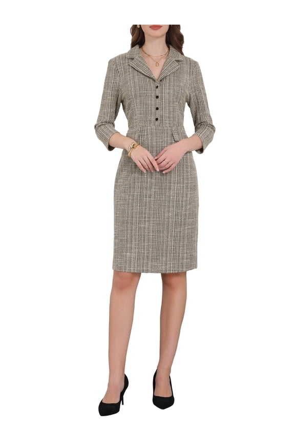 Women's 3/4 Sleeve Lapel Collar Button Down Sheath Tweed Dress S 2