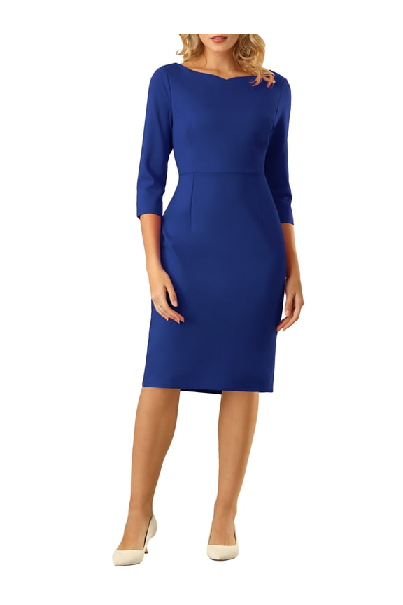 Women's 3/4 Sleeve Work Dress Boat Neck Elegant Pencil Sheath Dresses M Royal Blue