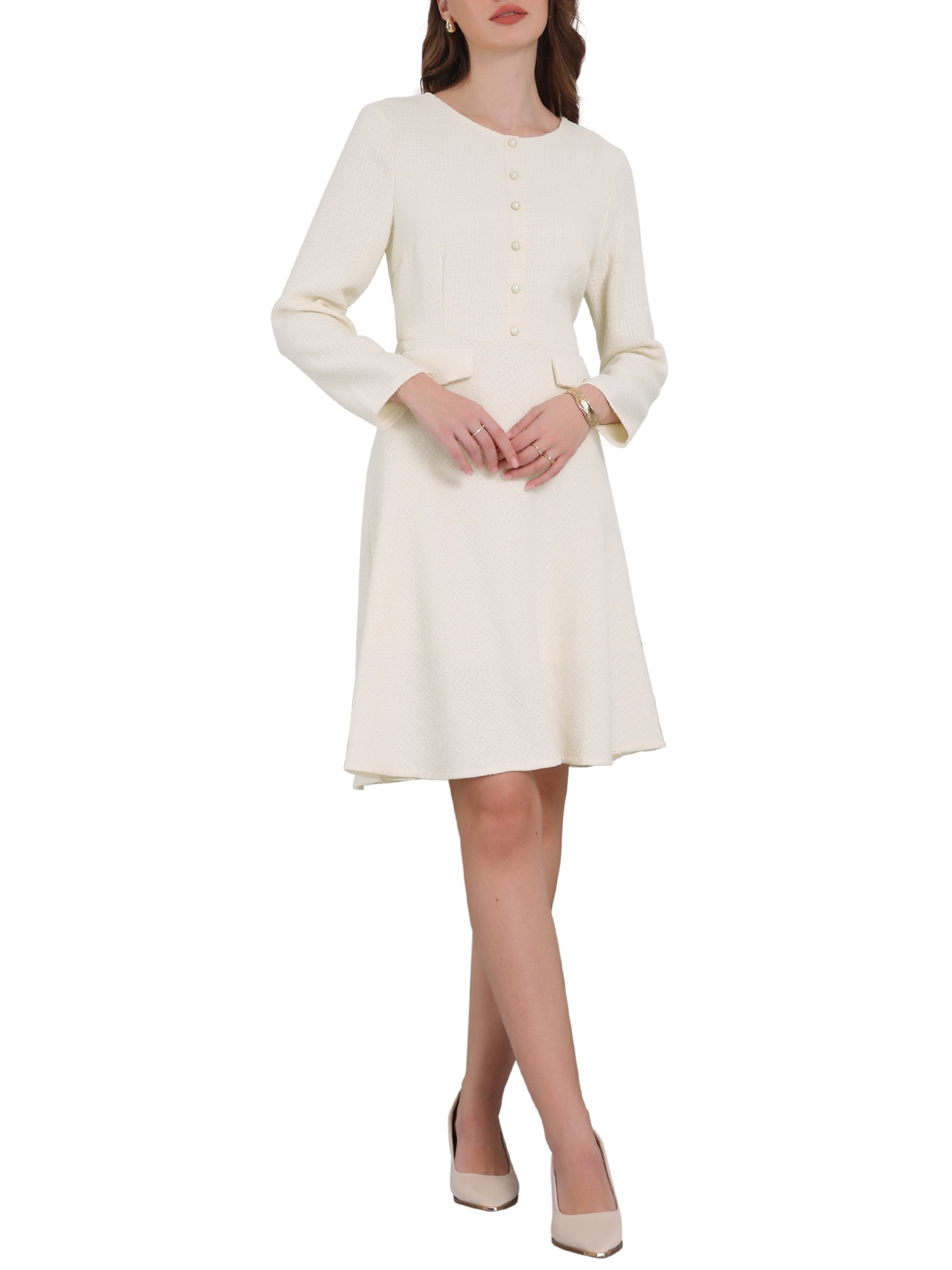 Hobemty Women's A-Line Tweed Dress Long Sleeve Vintage Work Flare Dresses S  Beige - Walmart.com