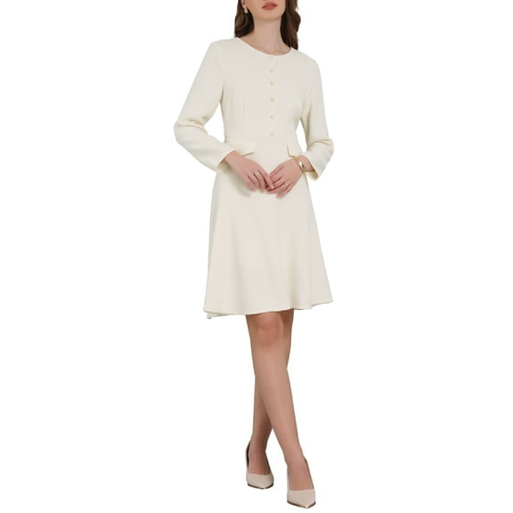 INSPIRE CHIC Women's A-Line Tweed Dress Long Sleeve Vintage Work Flare Dresses S Beige