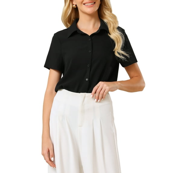 INSPIRE CHIC Women's Button Down Bodysuit Collared Short Sleeve Business Office Leotard Shirt Top L Black