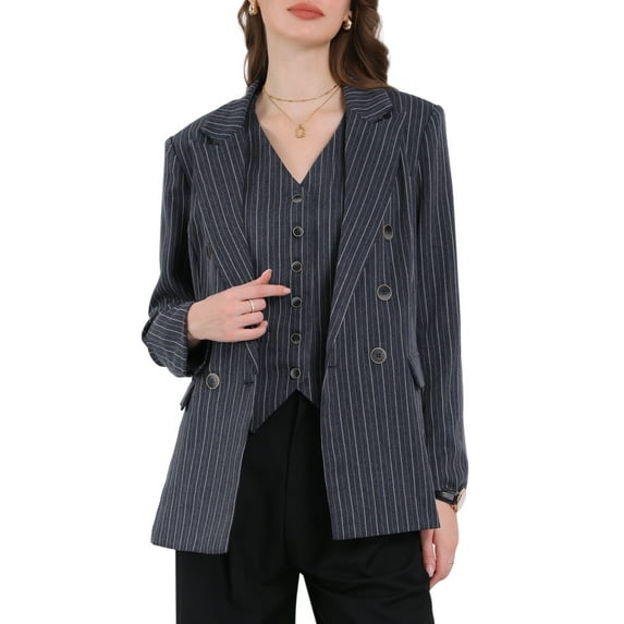 INSPIRE CHIC Women's Double Breasted Vintage Office Dressy Striped Suit Blazer 2XL 2