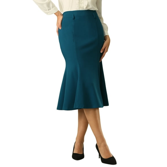 INSPIRE CHIC Women's Elegant Fishtail Skirt High Waist Belted Work Midi Mermaid Skirts L Lake Blue