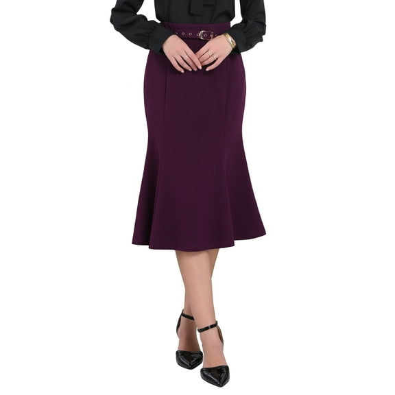 INSPIRE CHIC Women's Elegant Fishtail Skirt High Waist Belted Work Midi Mermaid Skirts L Purple