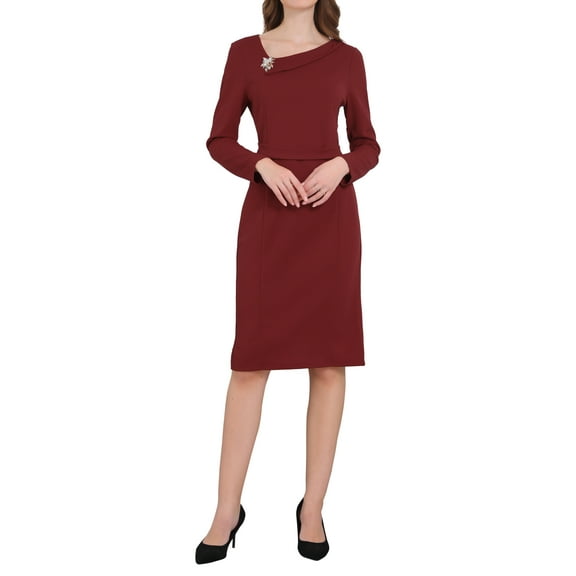 INSPIRE CHIC Women's Dress Formal Asymmetrical Neck Long Sleeve Midi Stretch Dresses L Dark Red