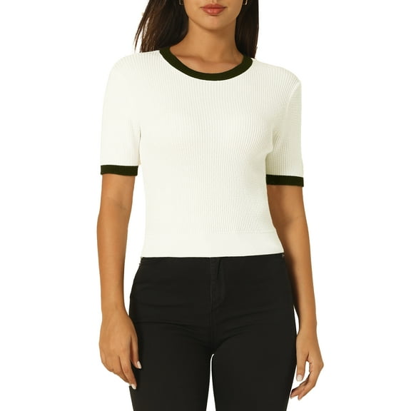 INSPIRE CHIC Women's Fitted Knit Crew Neck Contrast Color Short Sleeve Pullover Tops 2XL White