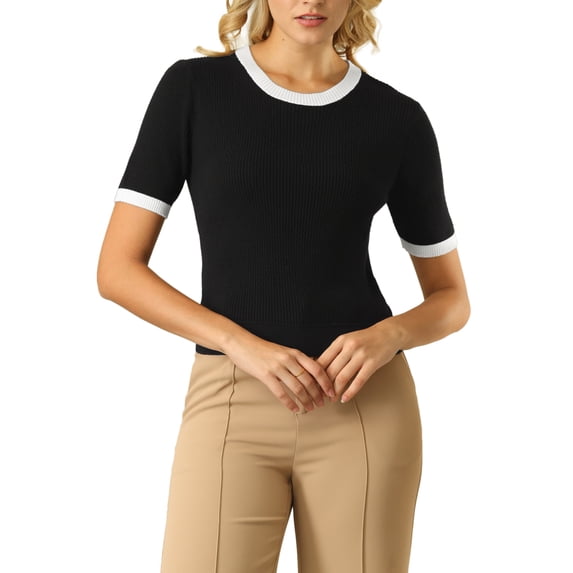 INSPIRE CHIC Women's Fitted Knit Crew Neck Contrast Color Short Sleeve Pullover Tops S Black