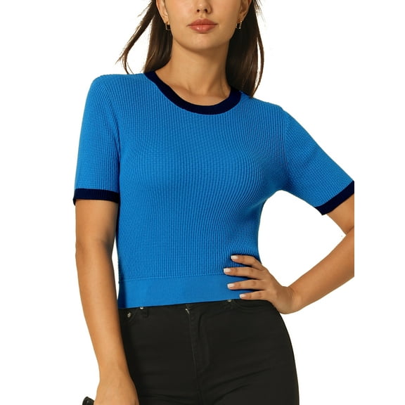 INSPIRE CHIC Women's Fitted Knit Crew Neck Contrast Color Short Sleeve Pullover Tops XL Blue