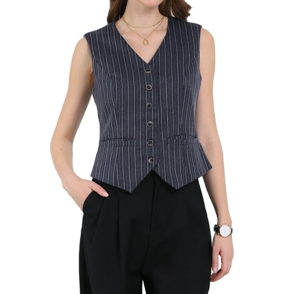 INSPIRE CHIC Women's Formal Button Down V Neck Vintage Striped Waistcoat Vest M 2