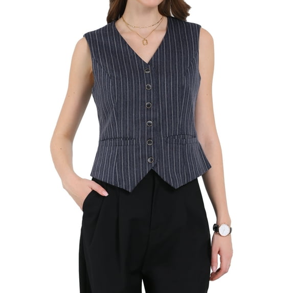 INSPIRE CHIC Women's Formal Button Down V Neck Vintage Striped Waistcoat Vest XL 2