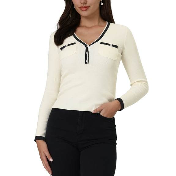 INSPIRE CHIC Women's Knit Top Contrast Color Long Sleeve V Neck Fitted Ribbed Tops L White