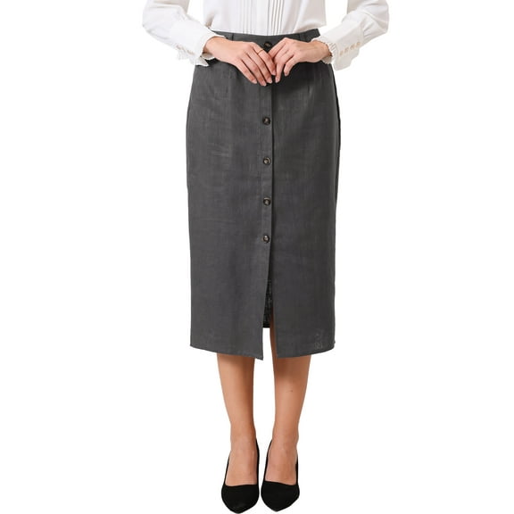 INSPIRE CHIC Women's Linen Skirt High Waist Knee Length Button Front Office Pencil Skirts