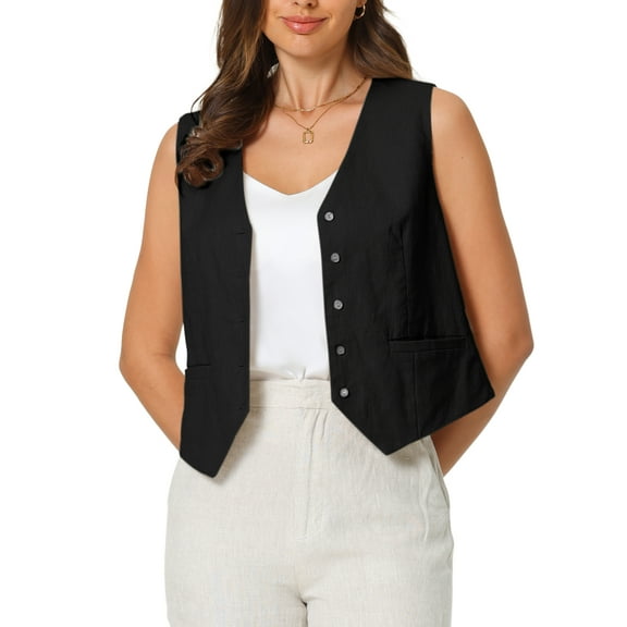 INSPIRE CHIC Women's Linen Vest Sleeveless Button Down V Neck Formal Work Waistcoat 2XL Black