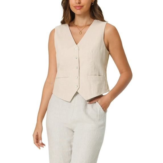 INSPIRE CHIC Women's Linen Vest Sleeveless Button Down V Neck Formal Work Waistcoat S Beige