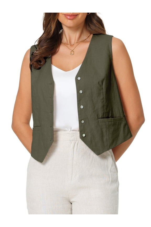 Women's Linen Vest Sleeveless Button Down V Neck Formal Work Waistcoat S Olive Green